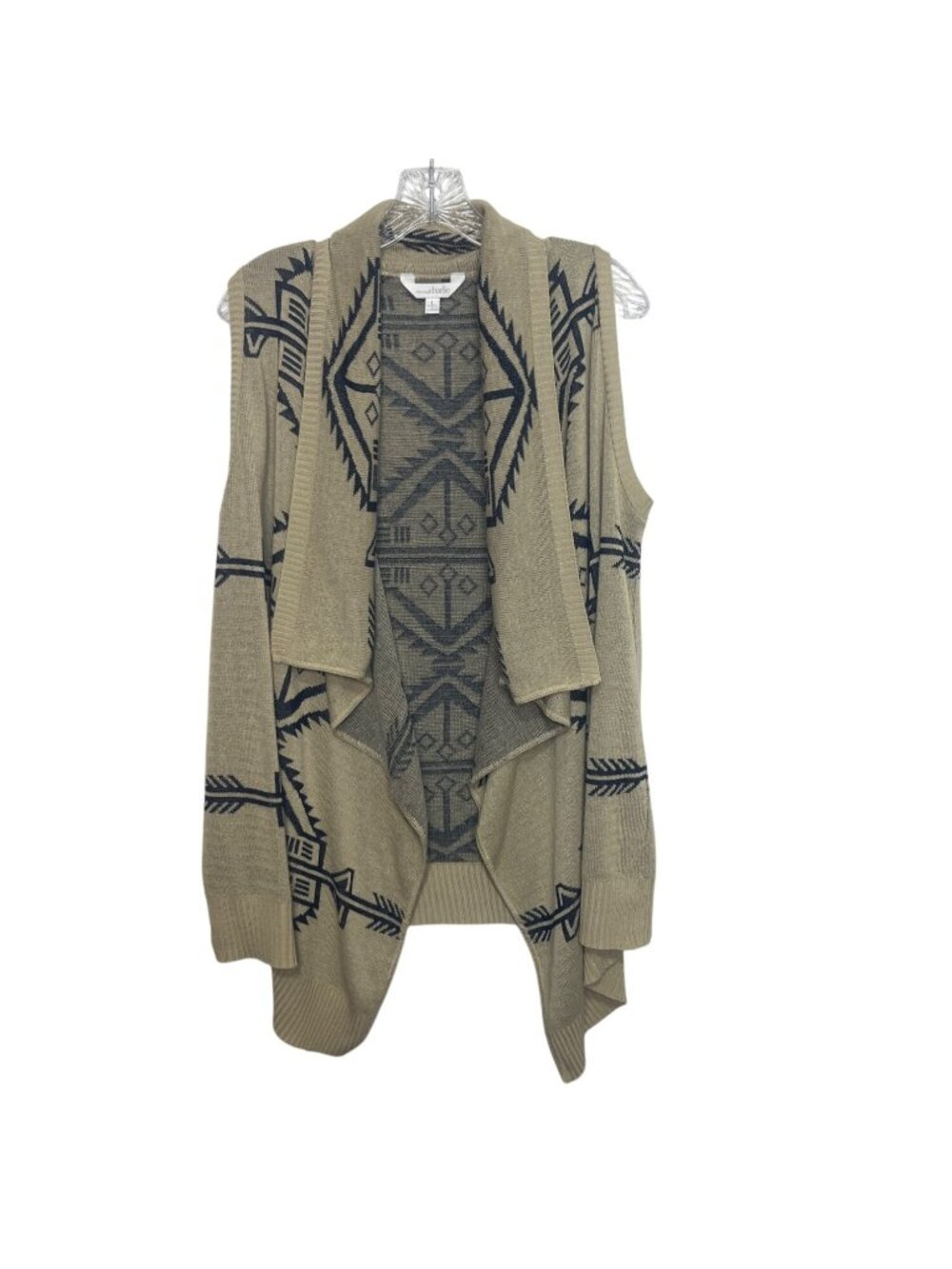 Charming Charlie Open Front Waterfall Vest Sweater Cardigan Large Tan Black Azte